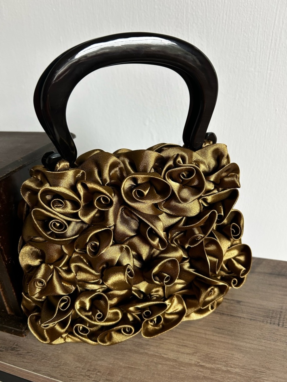 Olive Green Satin Rosettes Petite Handbag with Black Handle